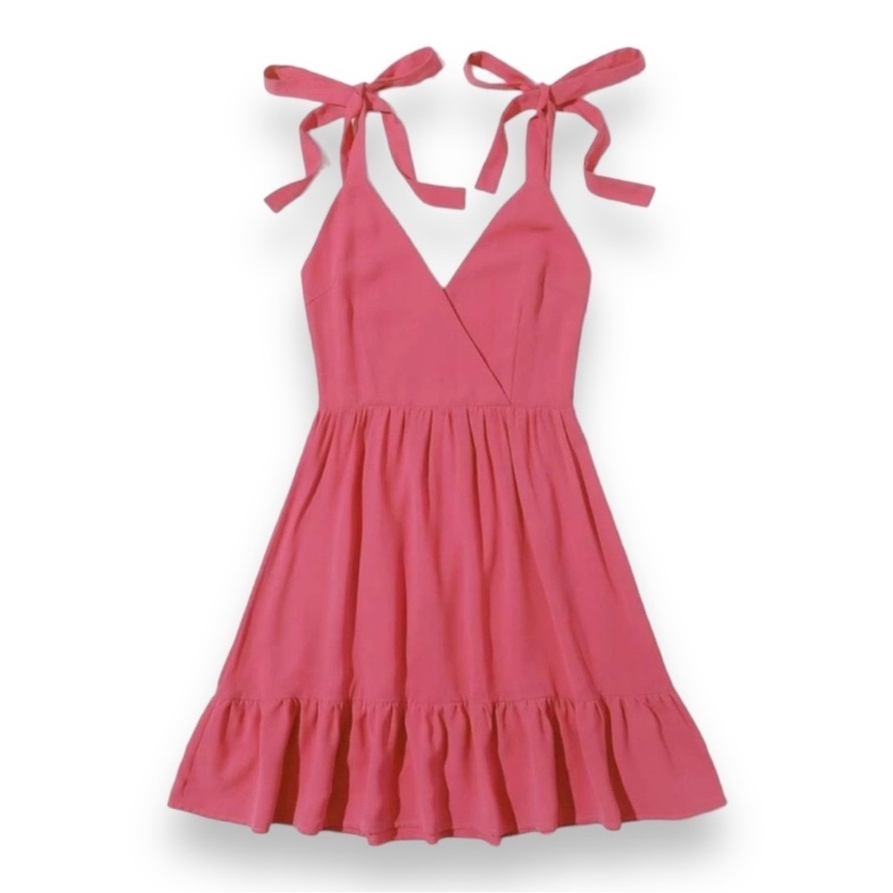 New Pink Self-Tie Shoulder V-Back Tiered Mini Dress - Medium